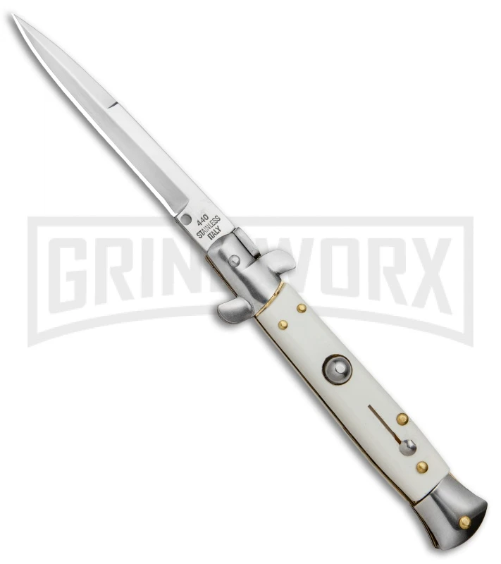 Milano 9" White Italian Style Automatic Knife - Bayonet Satin 3 Milano 9" White Italian Style Automatic Knife - Bayonet Satin