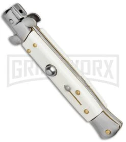 Milano 9" White Italian Style Automatic Knife - Bayonet Satin 7 Milano 9" White Italian Style Automatic Knife - Bayonet Satin -Kershaw Shop Milano 9in Italian Stiletto White Auto Bayo BP 8672 jr spine large