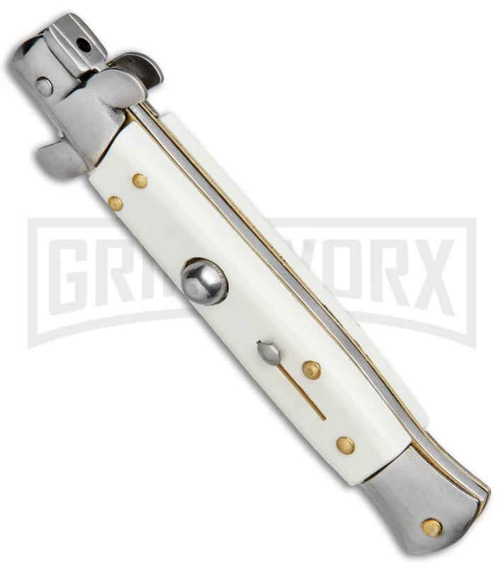 Milano 9" White Italian Style Automatic Knife - Bayonet Satin 4 Milano 9" White Italian Style Automatic Knife - Bayonet Satin - Image 2