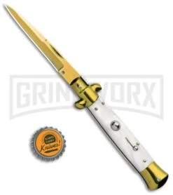 Milano 9" Italian Stiletto White Swirl Automatic Knife - Bayonet Gold Plain -Kershaw Shop Milano 9in Italian Stiletto White Swirl Auto Bayo Gold GX 33530 jr bottlecap large