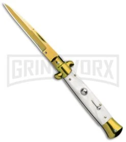 Milano 9" Italian Stiletto White Swirl Automatic Knife - Bayonet Gold Plain
