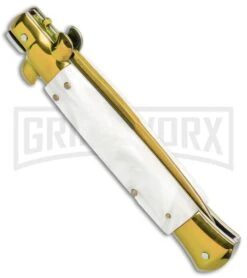 Milano 9" Italian Stiletto White Swirl Automatic Knife - Bayonet Gold Plain -Kershaw Shop Milano 9in Italian Stiletto White Swirl Auto Bayo Gold GX 33530 jr side large