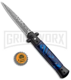 Milano 9" Stiletto Blue Acrylic Automatic Knife - Bayonet Sim Damascus -Kershaw Shop Milano 9in Stiletto Blue Acrylic Auto Bayo Sim Damascus GSE018LBKMBL GX 33504 jr bottlecap large
