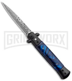 Milano 9" Stiletto Blue Acrylic Automatic Knife - Bayonet Sim Damascus
