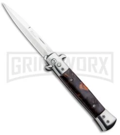 Milano 9" Stiletto Brown Acrylic Automatic Knife - Bayonet Satin