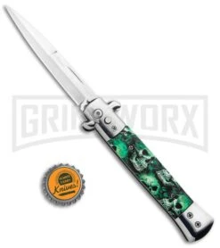 Milano 9" Stiletto Green Skull Automatic Knife - Bayonet Satin -Kershaw Shop Milano 9in Stiletto Green Skull Auto Bayo GSE018CMGRN 1 GX 33509 jr bottlecap large