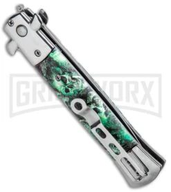 Milano 9" Stiletto Green Skull Automatic Knife - Bayonet Satin -Kershaw Shop Milano 9in Stiletto Green Skull Auto Bayo GSE018CMGRN 1 GX 33509 jr side large