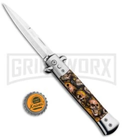 Milano 9" Stiletto Orange Skull Automatic Knife - Bayonet Satin -Kershaw Shop Milano 9in Stiletto Orange Skull Auto Bayo GSE018CMBRN GX 33510 jr bottlecap large