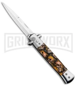 Milano 9" Stiletto Orange Skull Automatic Knife - Bayonet Satin