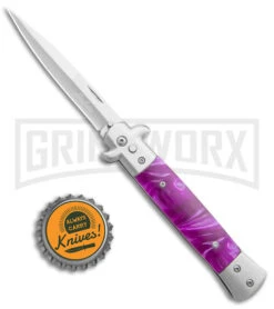 Milano 9" Stiletto Purple Automatic Knife - Satin Bayonet Plain -Kershaw Shop Milano 9in Stiletto Purple Auto Bayo GX 35311 jr bottlecap large