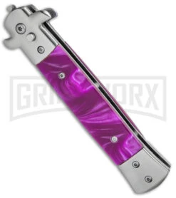 Milano 9" Stiletto Purple Automatic Knife - Satin Bayonet Plain -Kershaw Shop Milano 9in Stiletto Purple Auto Bayo GX 35311 jr spine large