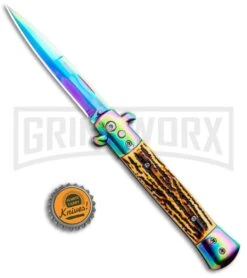 Milano 9" Stiletto Sim Stag Automatic Knife - Bayonet Spectrum -Kershaw Shop Milano 9in Stiletto Sim Stag Auto Bayo Spectrum GSE018RBSTG GX 33516 jr bottlecap large