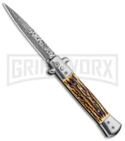 Milano 9" Stiletto Sim Stag Horn Automatic Knife - Bayonet Sim Damascus