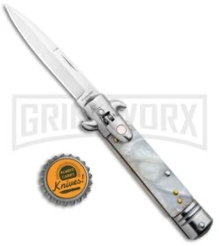 Milano 7.5" Lever Lock Automatic Knife White Marble - Bayonet Satin -Kershaw Shop Milano LL Auto White Marble Bayo Satin GSE020MWT GX 33522 jr bottlecap large