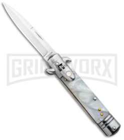 Milano 7.5" Lever Lock Automatic Knife White Marble - Bayonet Satin