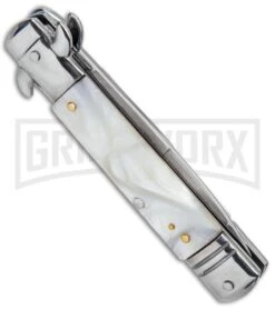 Milano 7.5" Lever Lock Automatic Knife White Marble - Bayonet Satin -Kershaw Shop Milano LL Auto White Marble Bayo Satin GSE020MWT GX 33522 jr side large