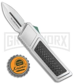 No Limit Knives Akuma OTF Automatic Knife Silver Green Hardware - Satin Plain -Kershaw Shop No Limit Knives Akuma OTF Auto Silver Green Hardware Satin Plain GX 35284 jr bottlecap large