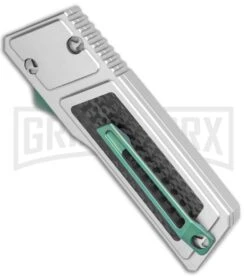 No Limit Knives Akuma OTF Automatic Knife Silver Green Hardware - Satin Plain -Kershaw Shop No Limit Knives Akuma OTF Auto Silver Green Hardware Satin Plain GX 35284 jr side large