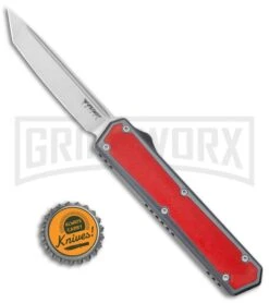 No Limit Knives Vanga Red/Gray OTF Automatic Knife - Tanto Satin Plain -Kershaw Shop No Limit Knives Vanga Red Gray OTF Auto Tanto Satin GX 37524 jr bottlecap large