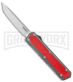 No Limit Knives Vanga Red/Gray OTF Automatic Knife - Tanto Satin Plain
