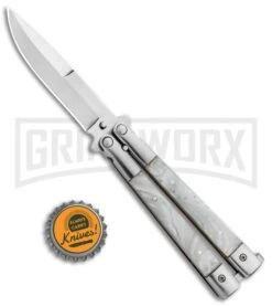Noble Flipper White Pearlex Balisong Butterfly Knife - Satin Plain -Kershaw Shop Noble Flipper White Pearlex Balisong Butterfly Satin GX 30481 jr bottlecap large