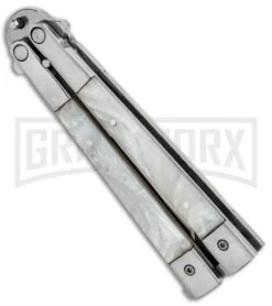 Noble Flipper White Pearlex Balisong Butterfly Knife - Satin Plain -Kershaw Shop Noble Flipper White Pearlex Balisong Butterfly Satin GX 30481 jr side large