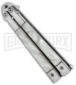 Noble Flipper White Pearlex Balisong Butterfly Knife - Satin Plain -Kershaw Shop Noble Flipper White Pearlex Balisong Butterfly Satin GX 30481 jr spine large