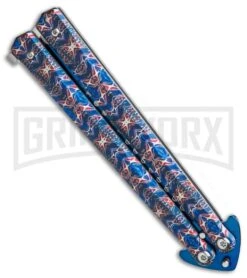 Chalkhill Balisong Butterfly Knife - Blue Spear Point Pattern Handles -Kershaw Shop Patterned Balisong Spear Point Butterfly Knife Blue Finish GX 37654 td side large