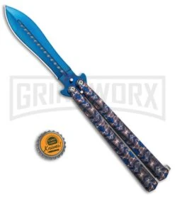 Chalkhill Balisong Butterfly Knife - Blue Spear Point Pattern Handles -Kershaw Shop Patterned Balisong Spear Point Butterfly Knife Blue Finish GX 37654 td size large