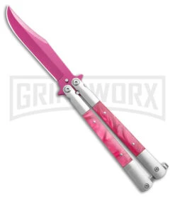 Regal Flipper Pink Swirl Balisong Butterfly Knife - Green Plain