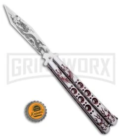 Butterfly Knife Red Dragon Etched Blade - Satin Tanto -Kershaw Shop Red Dragon Butterfly Knife Satin Tanto PK3 GX 33838 ns bottlecap large