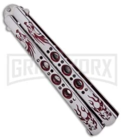 Butterfly Knife Red Dragon Etched Blade - Satin Tanto -Kershaw Shop Red Dragon Butterfly Knife Satin Tanto PK3 GX 33838 ns side large