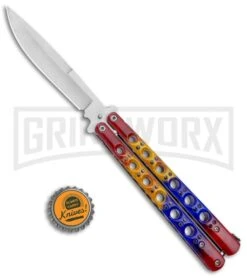 Red/Yellow/Blue Balisong Butterfly Knife (4.25" Satin) -Kershaw Shop Red Yellow Blue Balisong Butterfly Satin GX 37519 jr bottlecap large