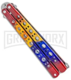Red/Yellow/Blue Balisong Butterfly Knife (4.25" Satin) -Kershaw Shop Red Yellow Blue Balisong Butterfly Satin GX 37519 jr side large