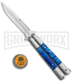 Regal Blue Swirl Balisong Butterfly Knife - Satin Serr -Kershaw Shop Regal Flipper Balisong Blue Acrylic Butterfly Satin Serr GC30MBL GX 31276 jr bottlecap large