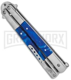 Regal Blue Swirl Balisong Butterfly Knife - Satin Serr -Kershaw Shop Regal Flipper Balisong Blue Acrylic Butterfly Satin Serr GC30MBL GX 31276 jr side large