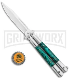 Regal Flipper Green Swirl Balisong Butterfly Knife - Satin Plain -Kershaw Shop Regal Flipper Green Swirl Balisong Butterfly Satin GX 10741 jr bottlecap large