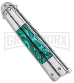 Regal Flipper Green Swirl Balisong Butterfly Knife - Satin Plain -Kershaw Shop Regal Flipper Green Swirl Balisong Butterfly Satin GX 10741 jr side large