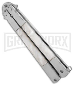 Regal Flipper White Swirl Balisong Butterfly Knife - Satin Plain -Kershaw Shop Regal Flipper White Swirl Balisong Butterfly Satin BHQ 177230 jr side large