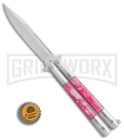 Regal Flipper Balisong Pink Swirl Acrylic Butterfly Knife - Satin Plain -Kershaw Shop Regal Flipper pink swirl acrylic satin plain BP 22056 er bottlecap large