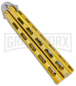 Ronin Gear Yellow Balisong Trainer Butterfly Knife - Satin Plain -Kershaw Shop Ronin Gear Gold Balisong Trainer Butterfly Satin GX 37366 jr side large