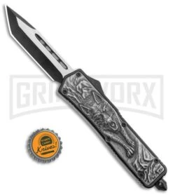 Rumble Black D/A OTF Automatic Knife Tanto Steel Wolf - Two Tone Plain -Kershaw Shop Rumble Black DA OTF Auto Tanto Steel Wolf Graphic TT GX 36258 jr bottlecap large