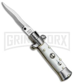 SKM 4.5" Italian Mini Stiletto White Acrylic Automatic Knife - Satin Kris