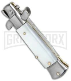 SKM 4.5" Italian Mini Stiletto White Acrylic Automatic Knife - Satin Kris -Kershaw Shop SKM 4.5in Stiletto White Acrylic Kriss BHQ 52385 jr side large