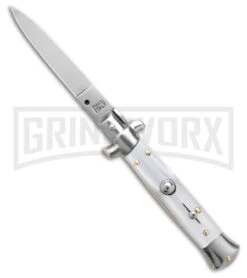 SKM 8" Italian Stiletto White Pearlex Automatic Knife - Satin Plain