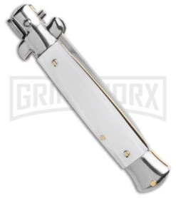 SKM 8" Italian Stiletto White Pearlex Automatic Knife - Satin Plain -Kershaw Shop SKM 8in Italian Stiletto AK White Pearlex 3in Satin Flat BHQ 184985 td side large