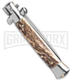 SKM 8" Italian Stiletto Stag Automatic Knife - Flat Satin Plain -Kershaw Shop SKM 8in Italian Stiletto Automatic Knife Stag 3.25in Satin Flat BHQ 184024 hd side large