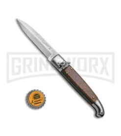 SKM 8" Fancy Lever Lock Stamina Wood Automatic Knife - Satin Bayonet -Kershaw Shop SKM 8in LL Stamina Laminated Wood Bayo BP 19451 jr bottlecap large
