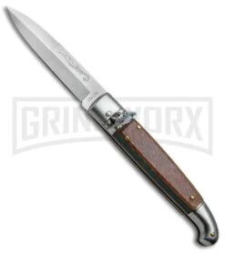 SKM 8" Fancy Lever Lock Stamina Wood Automatic Knife - Satin Bayonet