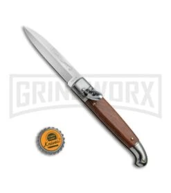 SKM 8" Fancy Lever Lock Wood Automatic Knife - Satin Bayonet -Kershaw Shop SKM 8in LL Stamina Wood Bayo BP 19452 jr bottlecap large